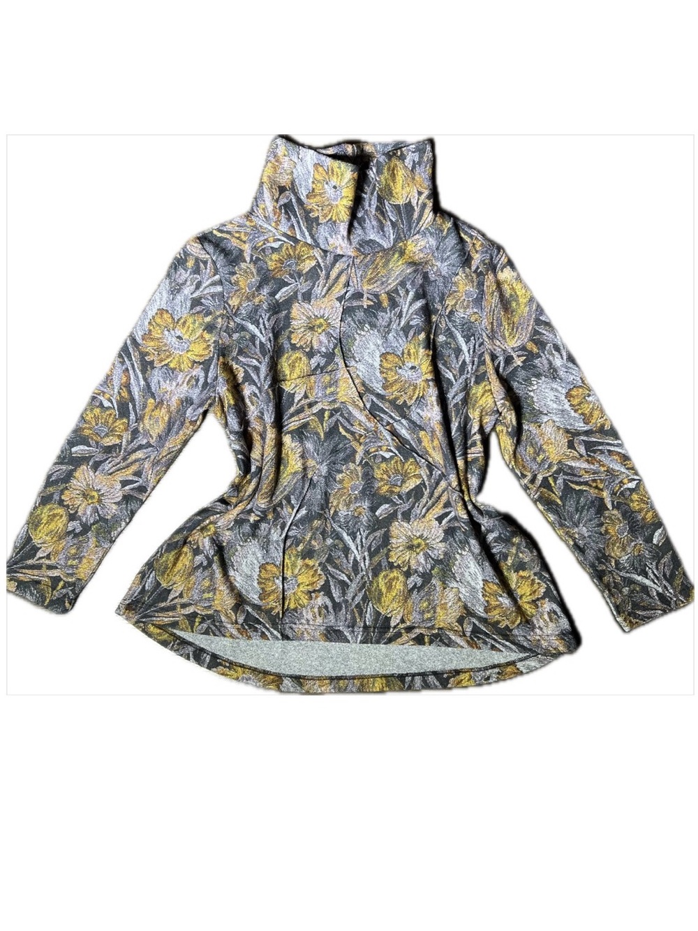Trisha Tyler Gray Yellow Floral Cowl Neck Sweater Textured Art To Wear Medium